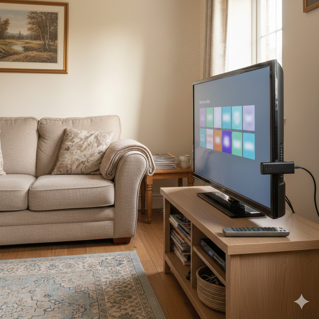 A realistic UK living room scene showing an older flat-screen TV on a simple TV stand, with a small streaming stick plugged into the HDMI port and a remote placed neatly on the unit. The TV screen shows a neutral streaming home screen (no logos or readable text). The room feels modest and lived-in, with soft daylight, neutral colours, and a sofa nearby. The image should clearly communicate “upgrading an older TV” rather than a high-end home cinema. No people, no branding, no on-screen text, 3:2 aspect ratio, Save Wise Living style.

