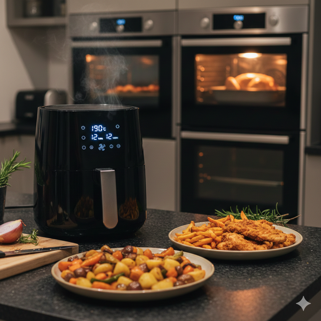 This image shows a modern UK kitchen during evening meal prep, with an air fryer on the worktop actively cooking while a built-in oven glows in the background. The contrast is clear but natural — the air fryer looks compact and fast, the oven looks spacious and steady. On the counter, you can see family-style food portions ready to serve, hinting at real-life decisions households make every day: speed versus capacity. The lighting is warm and inviting, making the scene feel busy, practical, and relatable rather than staged.

