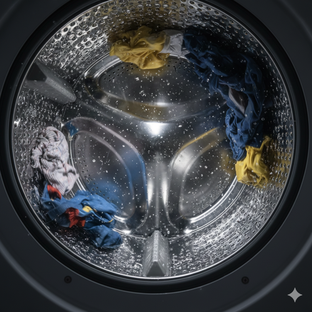 A dynamic, close-up photograph focused on the interior of a modern washing machine during its final cycle. The image captures the drum spinning at a very high velocity, indicated by a strong motion blur applied to the inner surface and the clothes inside. Subtle details, such as water droplets or a slight spray visible on the glass door, visually reinforce the action of centrifugal force efficiently removing moisture from the laundry. The focus is entirely on demonstrating the intensity of "spin speed" in action.