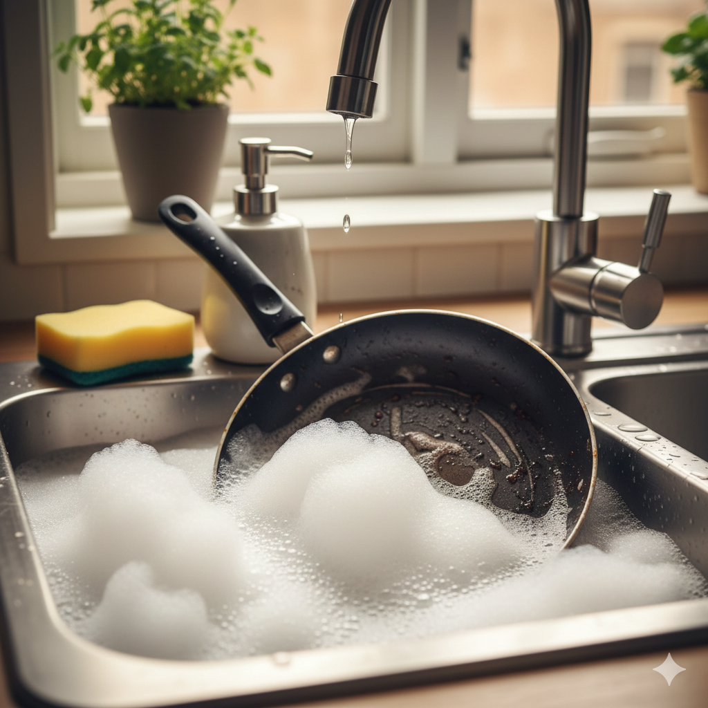 A stainless steel kitchen sink filled with soapy bubbles and a submerged frying pan, representing the manual process of hand-washing dishes."