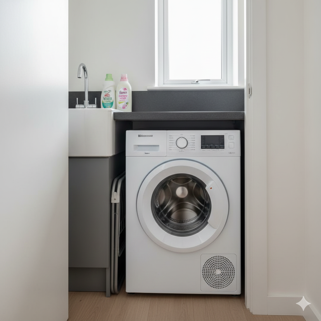 A realistic small UK flat laundry area showing a washer-dryer combo neatly fitted under a kitchen counter or in a compact utility cupboard. The space feels tight but organised, with limited room for a separate dryer or large airer. Soft natural daylight comes through a nearby window, highlighting how a single combined machine fits into everyday small-home living. The scene should feel practical and relatable rather than aspirational. No people, no text, modern UK flat aesthetic.

