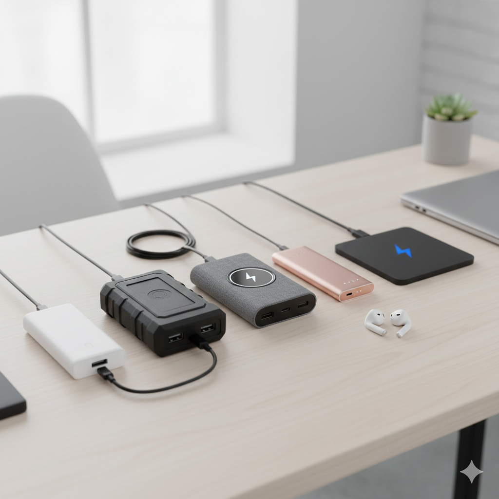 Flat Lay of Multiple Smart Power Banks A clean, modern flat lay showing several different power banks side by side. Include visible features: LED display, multiple ports, slim vs chunky designs. Purpose: Helps readers visually compare styles and capacities, reinforcing the “top picks” section.