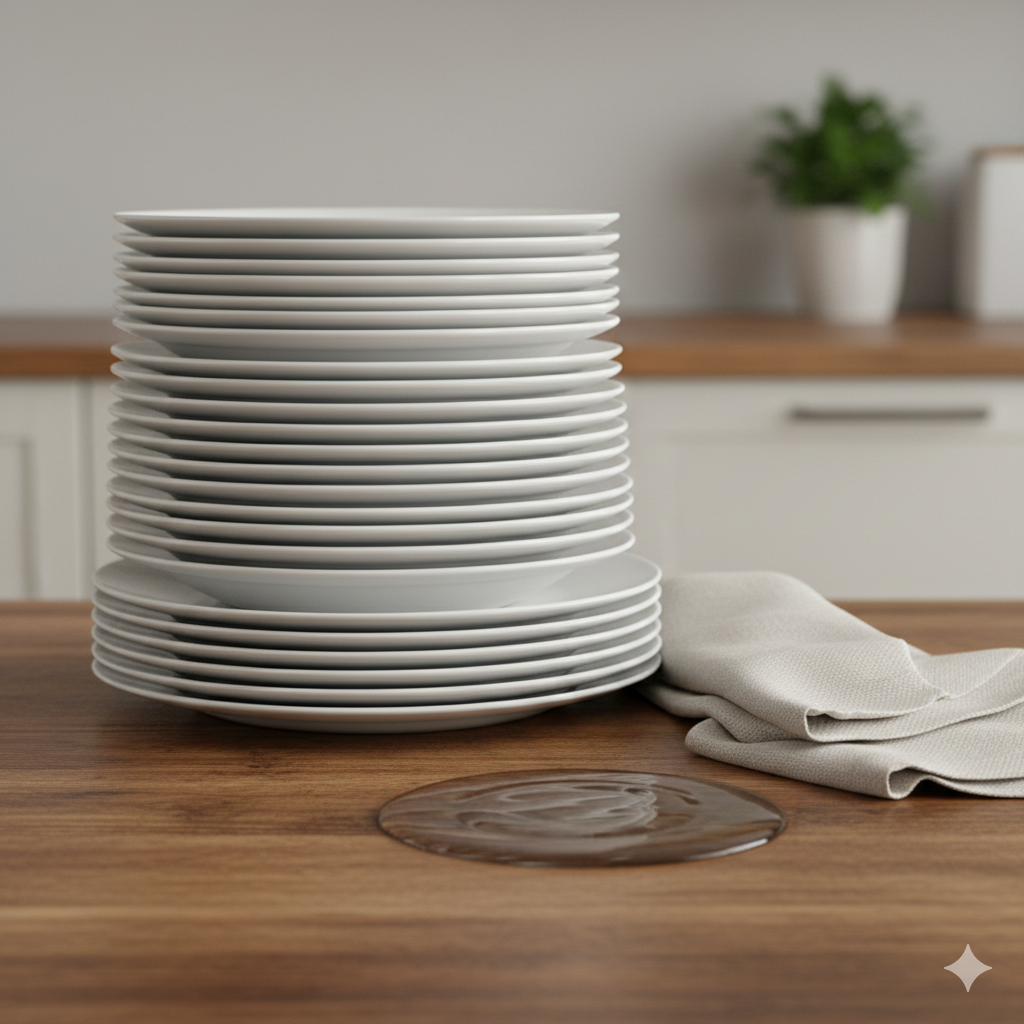 A stack of dry, clean white plates resting on a wooden countertop next to a folded linen towel, symbolizing the result of an effective dish-cleaning cycle."