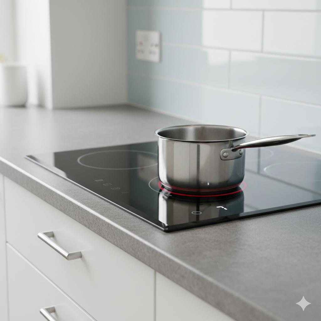 This image should focus on a single modern electric or induction hob in a tidy UK kitchen, emphasising efficiency and control rather than comparison. The hob should be switched on with a pan heating evenly, and nearby details might include a digital power level indicator or minimalist touch controls. The kitchen should feel contemporary but realistic — not a showroom — with neutral colours and soft lighting. No flames, no clutter, no people. This image visually reinforces the article’s later discussion around energy efficiency, long-term running costs, and why many households are choosing electric or induction hobs for modern living.