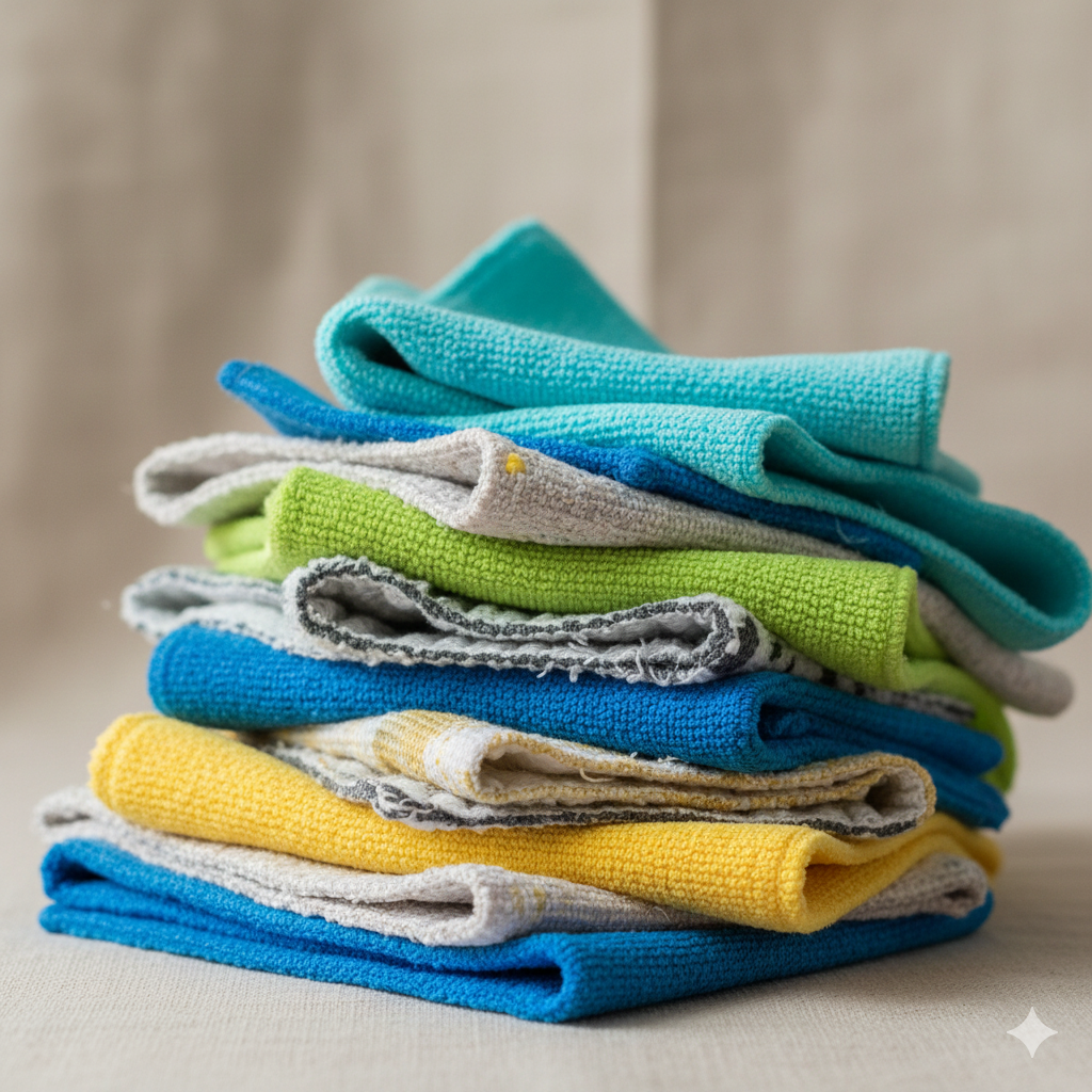 A product shot featuring a selection of eco-friendly cleaning items: a stack of brightly colored microfibre cloths (teal, lime green, blue, yellow) layered next to textured, patterned Swedish dishcloths, emphasizing variety and choice.