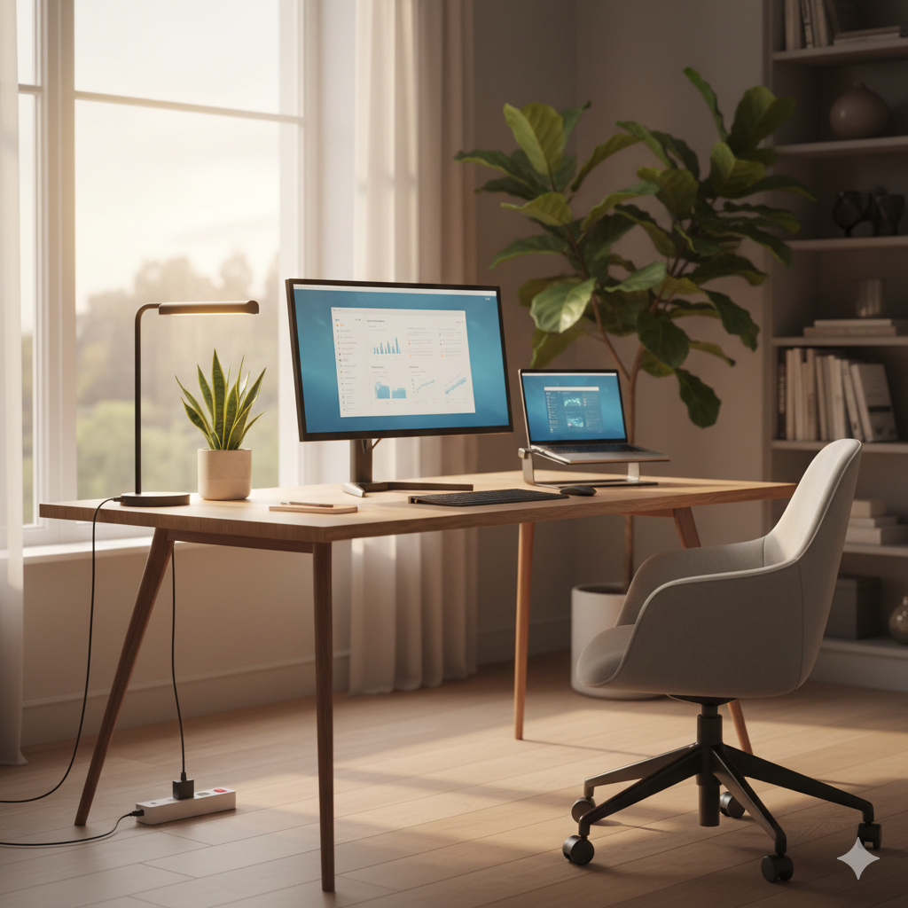 "A cozy, modern home office desk setup bathed in soft warm lighting. The desk features a laptop, monitor, and a desk lamp, with a small potted plant adding a touch of greenery. A white smart plug is subtly visible plugged into a wall outlet near the desk, illustrating a smart power setup in an aesthetic workspace."