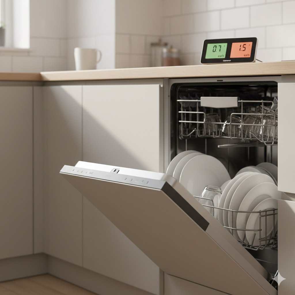 A modern dishwasher is shown in a clean, neutral UK-style kitchen. The door is slightly open, revealing neatly stacked plates and glasses inside. Beside the dishwasher (on the counter), there is a smart plug or energy monitor displaying two different energy readings — one lower (for Eco Mode), one higher (for Quick Wash).

Nothing is labelled; the contrast is visually implied by the numbers on the screen.
No hands, no people, no text.