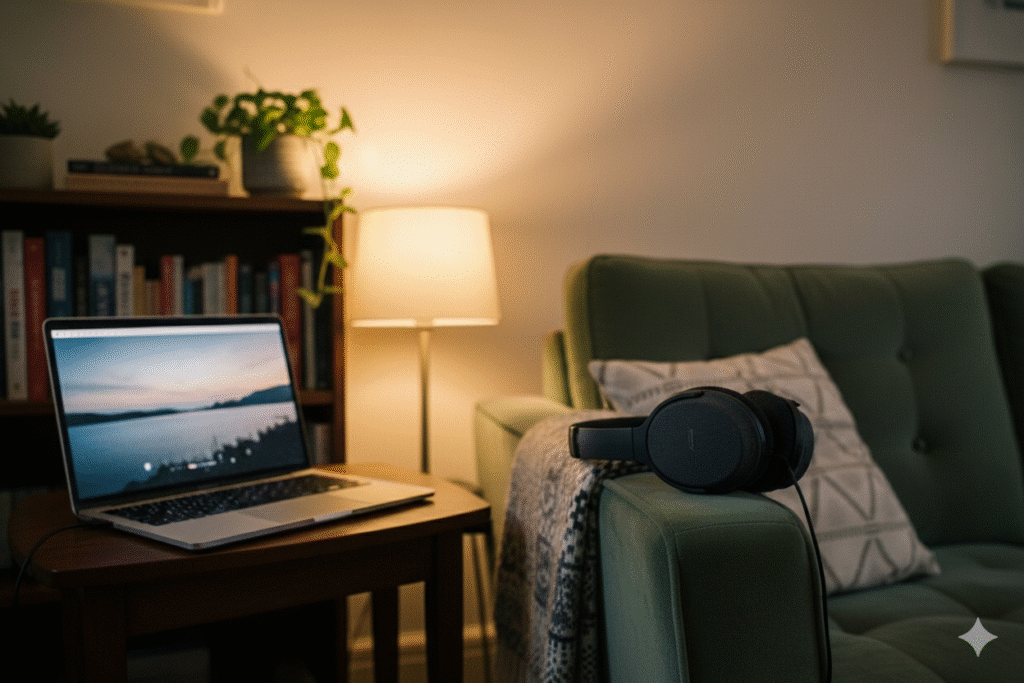 A contrasting indoor scene set in a small UK home or flat, showing noise-cancelling headphones placed on a sofa arm or desk next to a laptop and a warm lamp. The room feels calm and cosy, with soft evening lighting and muted tones to emphasise comfort and relaxation. This image should communicate low-stress listening, working from home, or winding down, rather than travel. No people visible, no text, no logos, 3:2 aspect ratio, natural and lived-in aesthetic.

