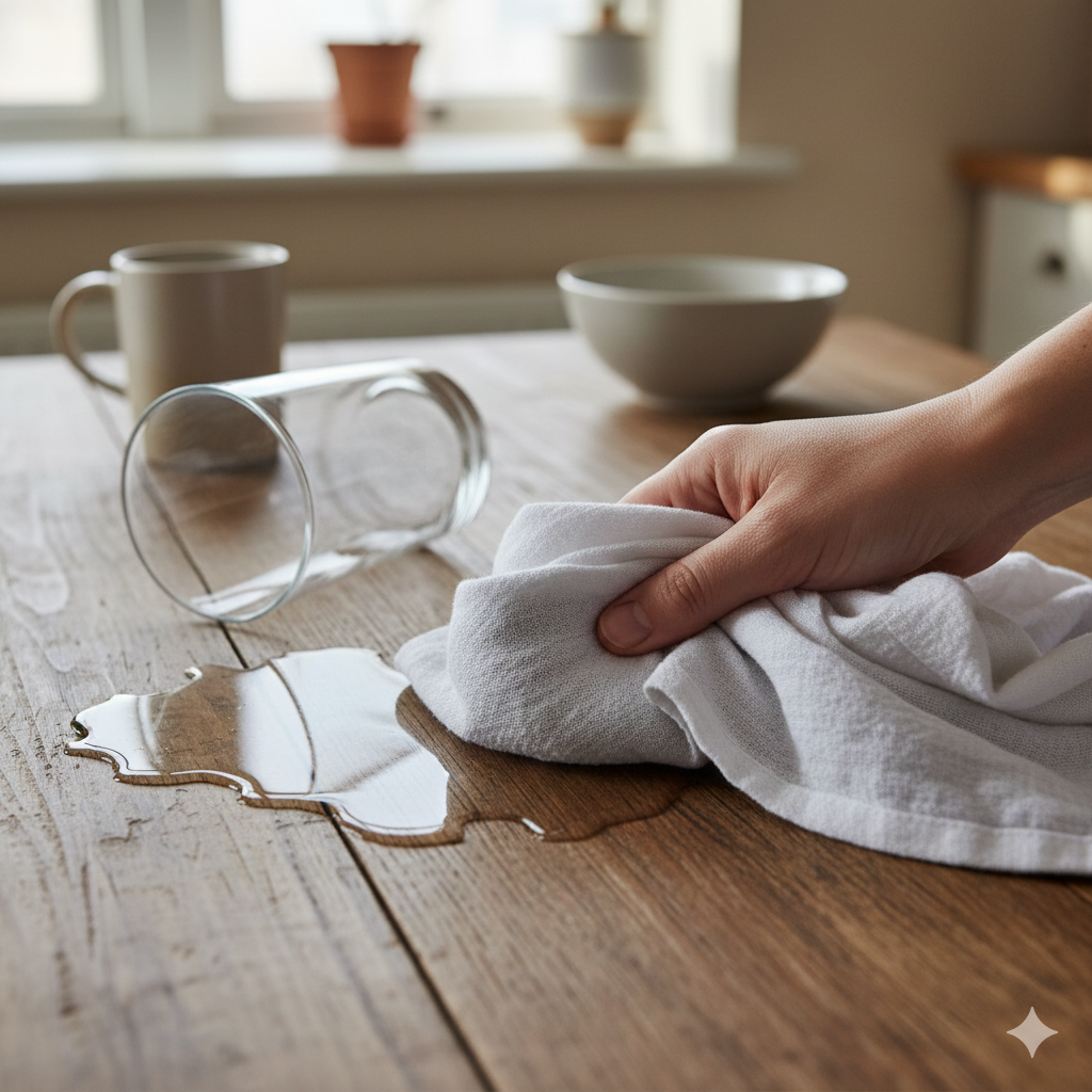 image used for Microfibre vs cotton cloths article, showing cotton cloth being used to soak up spilled water from glass on a table