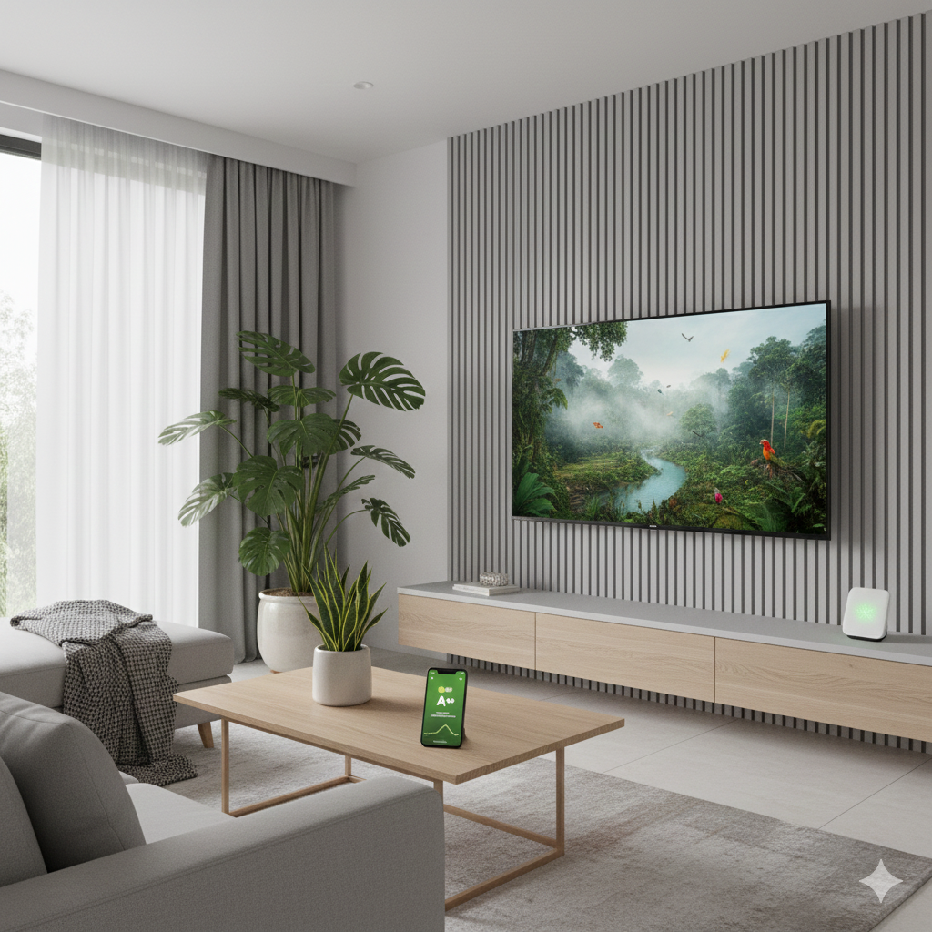 A minimalist modern living room featuring a slim-bezel Smart TV mounted on a grey wall displaying a vibrant 4K nature documentary. The room has light wood furniture, a smart hub, and a digital overlay showing an A++ energy rating and "Low Energy Cost" icons to emphasize efficiency.