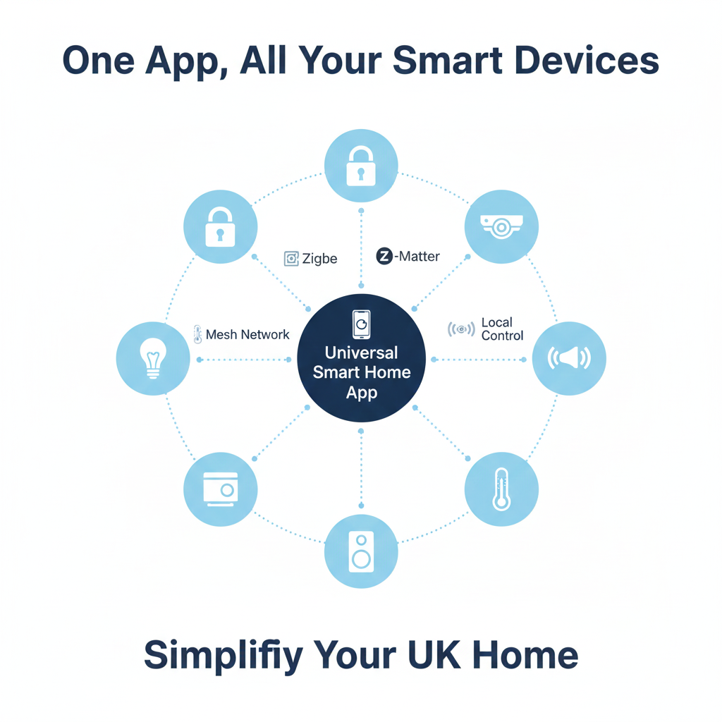 A clean, infographic-style diagram showing a central integration point connected to various smart devices. The central element is a large icon representing a Smart Home App (or Hub), labeled 'Central Control'. Lines radiate outward from the center to smaller icons representing different device categories: a Light Bulb (for smart lighting), a Lock (for smart door locks), a Camera (for security cameras), a Thermometer/Thermostat (for heating control), and a Power Socket/Plug (for smart plugs). This visually explains how one central app or system can unify and control multiple types of smart devices.