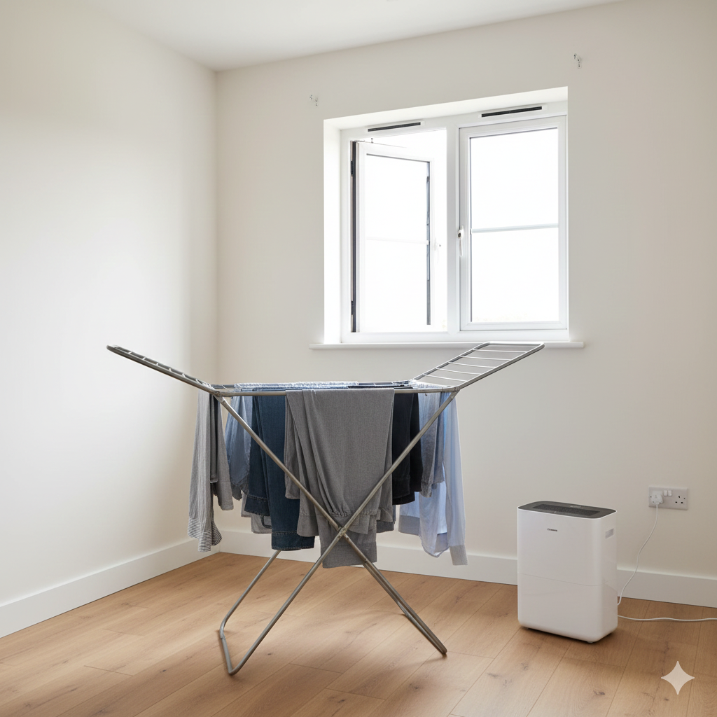 A bright, well-ventilated UK spare room or bathroom showing a safe indoor laundry drying setup. A freestanding clothes airer is placed well away from any heaters or electrical sources, with a small dehumidifier positioned nearby but not touching the laundry. A slightly open window or visible trickle vent suggests airflow without heat loss. The scene feels clean, calm, and practical, showing a repeatable “default safe setup” for indoor drying. No people, no text, neutral modern UK home aesthetic.

