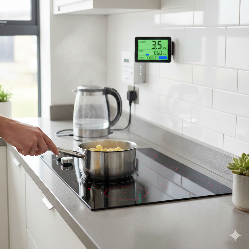 Electric hob cooking on a modern UK kitchen worktop with an energy monitor in the background, showing electricity use while cooking.