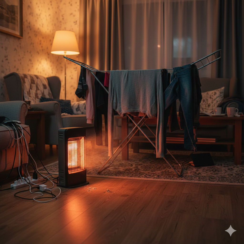 A realistic UK living room in winter with clothes drying unsafely near a portable electric heater. An airer is positioned too close to the heater, with fabric hanging toward the heat source. The room lighting is dim and moody to suggest evening use, with subtle warning cues like slight fabric curl from heat and a cluttered socket area nearby. The scene should feel calm but concerning, highlighting how an everyday drying setup can quietly become unsafe. No people, no text, natural UK home styling, realistic lighting.

