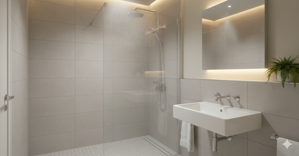 A clean UK bathroom with clear glass shower screen, chrome taps free of limescale, subtle steam in the air, fresh and hygienic feel, soft lighting, realistic home environment, no people, no text.