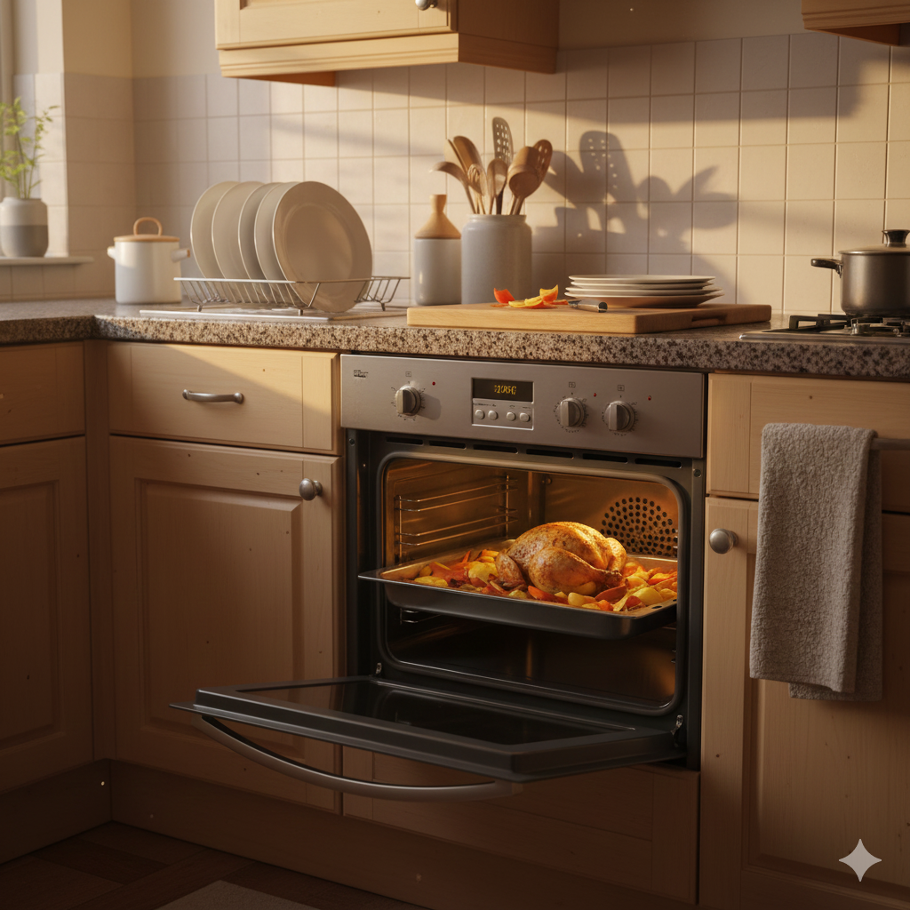 This image focuses on a single oven in use during normal home cooking, with a tray of food cooking evenly inside. The surrounding kitchen looks lived-in but tidy, reflecting a typical UK home rather than a showroom. Warm, natural light suggests an evening meal being prepared, reinforcing the idea of real-world usage and running costs, rather than technical specifications. The emphasis is on practical cooking rather than design comparison.

