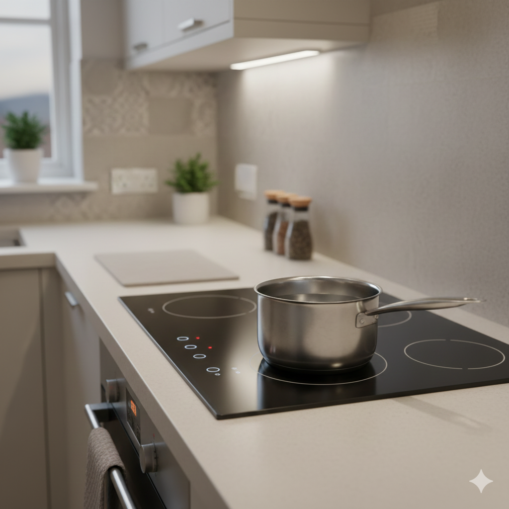Electric hob cooking on a glass ceramic surface in a UK kitchen, showing typical home electricity use during meal preparation.