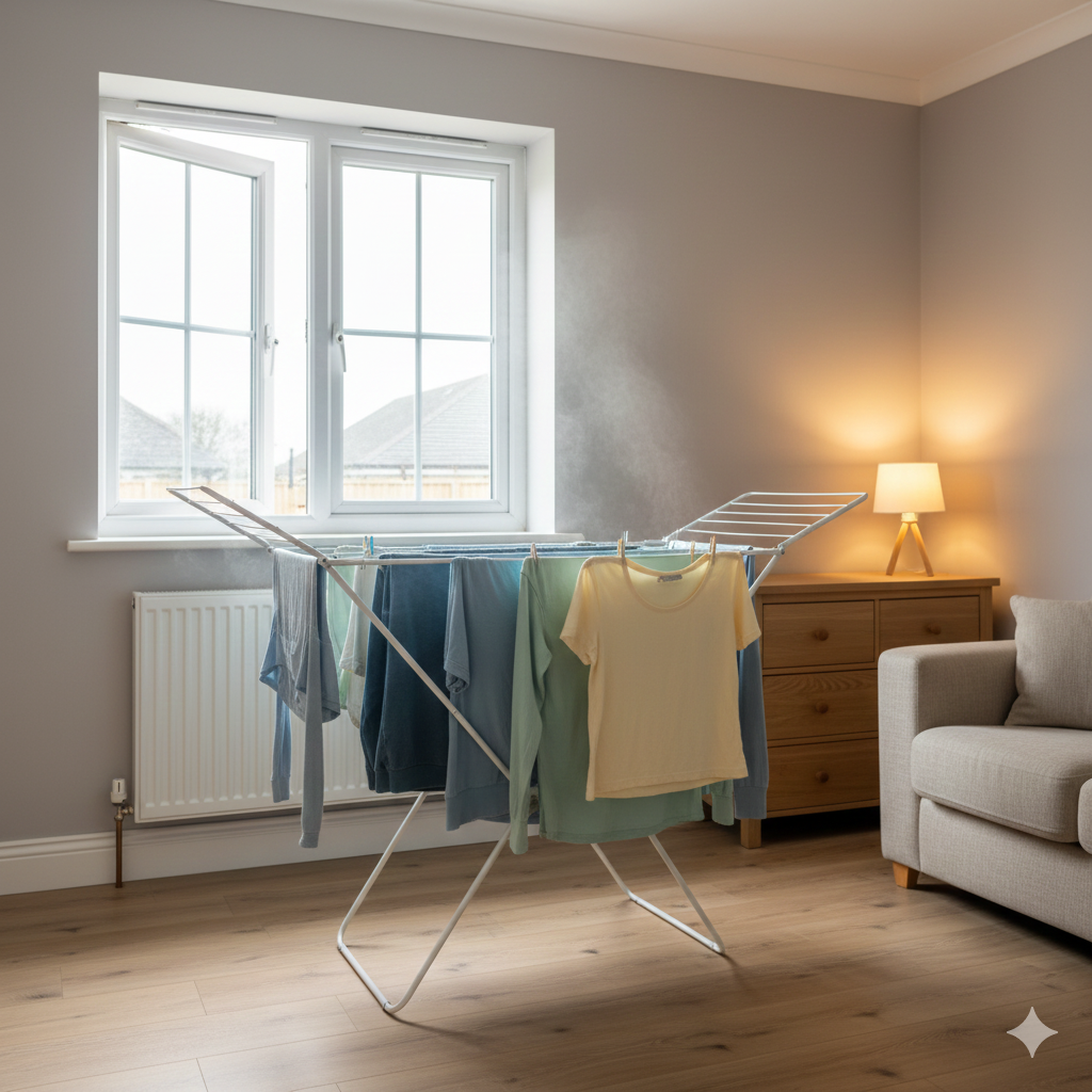 A modern UK living room or spare bedroom used for laundry drying. A standard clothes airer stands near a window that is slightly open at the top (not wide open). Lightweight steam-like moisture in the air is subtly implied near the clothes.

A radiator sits beneath the window, turned on low. No visible cold air — the room still feels warm and lived in.

Lighting

Soft winter daylight entering through the window combined with gentle indoor lighting.
No harsh blue light — it should still feel warm, not cold.

Colours

Neutral walls: soft white or warm grey

Clothes: muted blues, soft green, light yellow

Furniture: light wood or beige fabric

Mood

Practical, calm, “this is achievable in a normal UK home.”
It should visually say: “You can ventilate without freezing.”

Composition

Left side: slightly open window

Centre: airer with spaced laundry

Right side: sofa, chair, or chest of drawers

Wide, balanced 3×2 landscape crop

Alt Text

Laundry drying on an indoor airer beside a slightly open window in a warm UK living room, showing how to ventilate without losing heat.