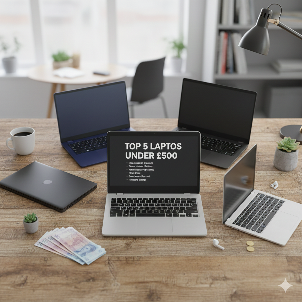 "A selection of five different budget-friendly laptops displayed on a light wooden desk, with one central laptop showing a 'Top 5 Laptops Under £500' list on its screen next to a small stack of British pound notes."