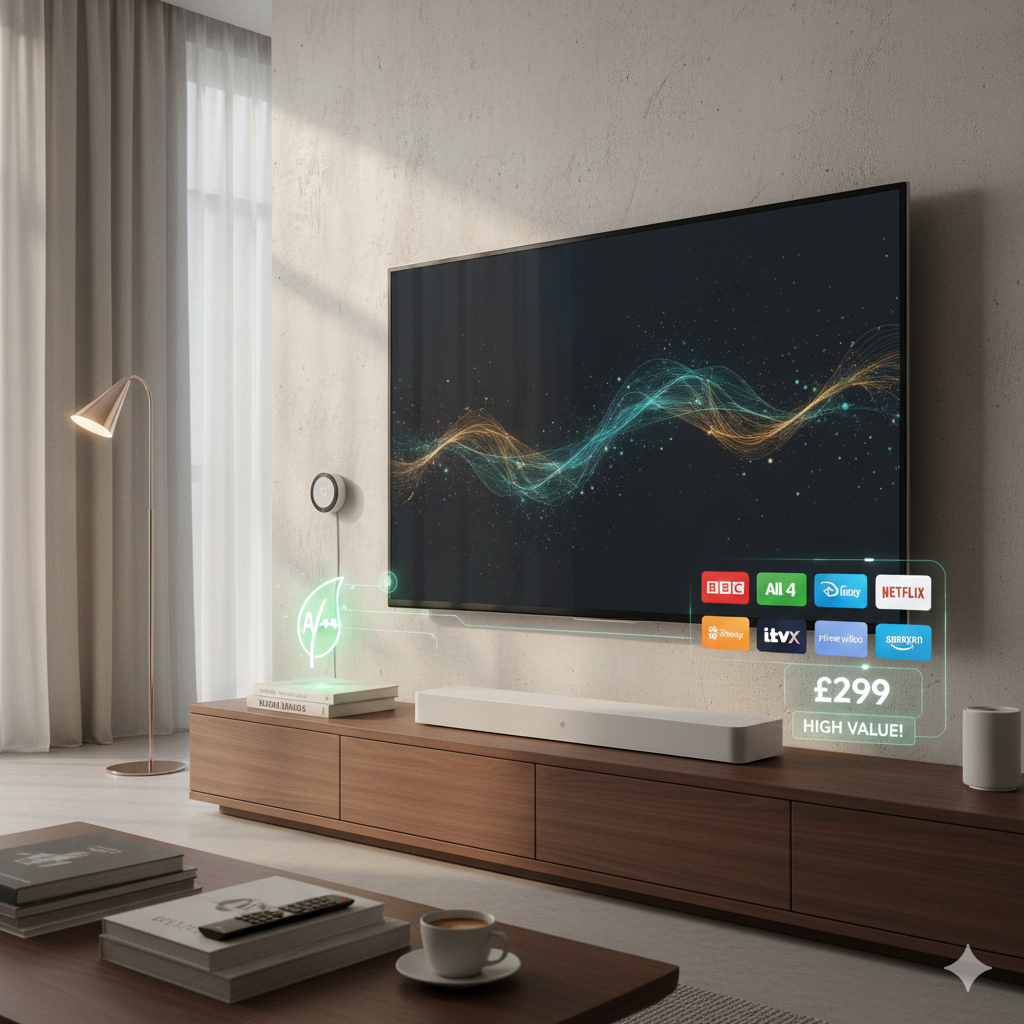 A two-panel infographic about affordable Smart TVs in the UK. The top panel shows a minimalist living room with a 4K TV displaying a forest scene, featuring green "A++" and "Low Energy Cost" icons. The bottom panel shows a family of four happily watching an animated movie on a large screen with "4K Ultra HD" and "DEAL!" badges. The overall theme emphasizes high-value, energy-efficient entertainment for less than £300.