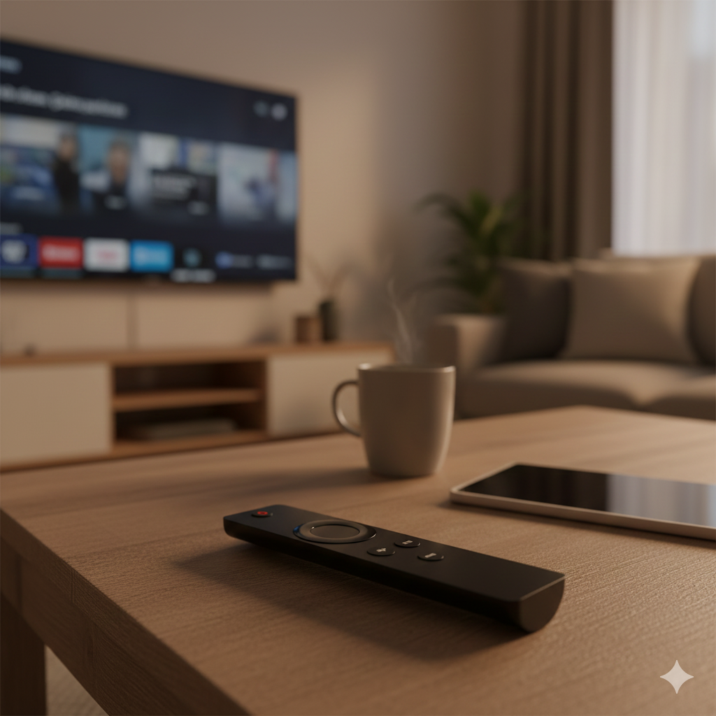 A different setting showing a modern streaming stick remote placed on a coffee table next to everyday items like a mug and a tablet or phone, suggesting relaxed, everyday TV use. In the background, a TV is softly out of focus, implying streaming without showing specific apps or logos. Warmer evening lighting to contrast with the first image, cosy and practical atmosphere, focused on simplicity and convenience rather than hardware. No people, no text, no branding, 3:2 aspect ratio, realistic UK home aesthetic.

