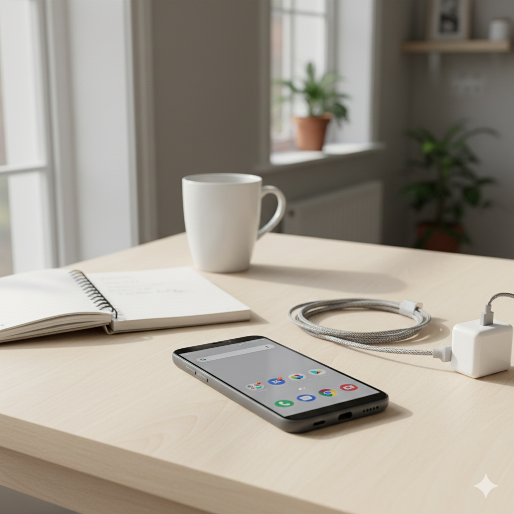 A realistic UK home desk setup showing a modern budget smartphone placed on a wooden desk beside everyday items like a notebook, charging cable, and mug. The phone screen is on, showing a clean home screen with battery percentage clearly visible near full. Natural daylight from a nearby window, neutral colours, calm and practical atmosphere. The scene should feel like real everyday use rather than a staged product shot. No people, no text, no logos, 3:2 aspect ratio, Save Wise Living style.

