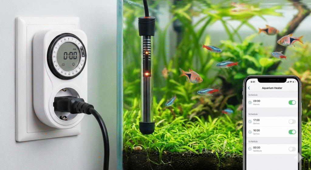 This image shows a smart plug controlling a heater in a freshwater aquarium. The smartphone app demonstrates how a schedule can be set to automate the heater's operation, ensuring consistent water temperature for the fish.