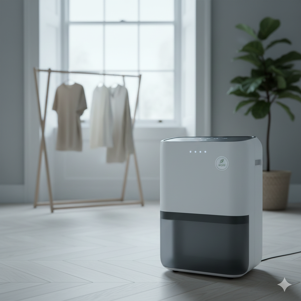 A modern white dehumidifier machine standing in a clean, minimalist UK home interior. The background features warm lighting and subtle decorative elements.