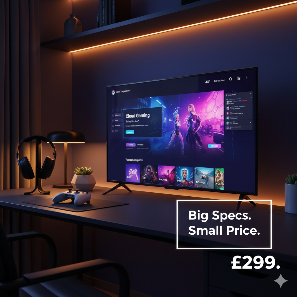 A two-panel infographic about affordable Smart TVs in the UK. The top panel shows a minimalist living room with a 4K TV displaying a forest scene, featuring green "A++" and "Low Energy Cost" icons. The bottom panel shows a family of four happily watching an animated movie on a large screen with "4K Ultra HD" and "DEAL!" badges. The overall theme emphasizes high-value, energy-efficient entertainment for less than £300.