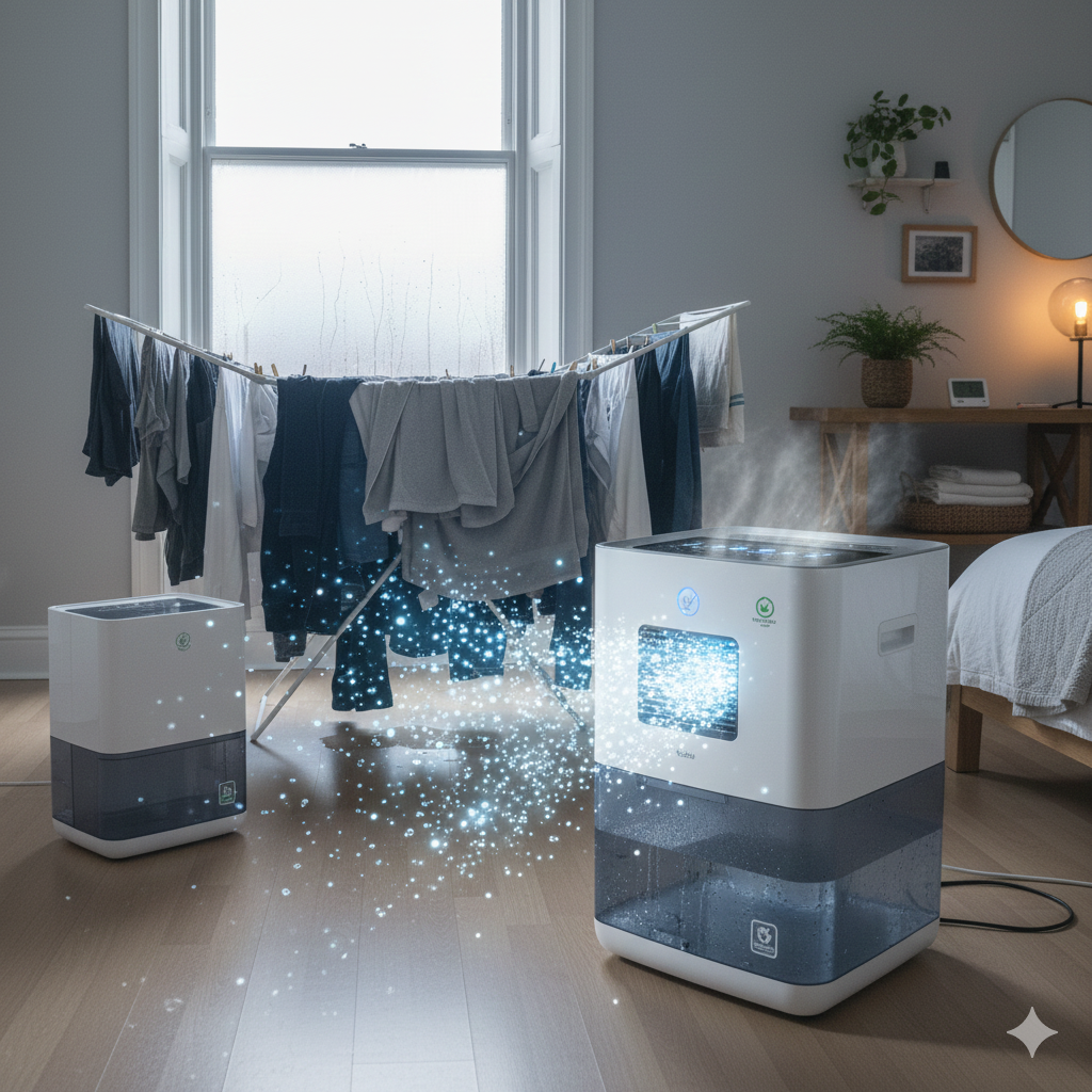 Alt Text: A modern, white dehumidifier unit shown actively removing moisture, symbolized by subtle blue vapor lines being drawn into the machine, resulting in a cleaner, dry output of air. The machine is set against a clean, domestic background.