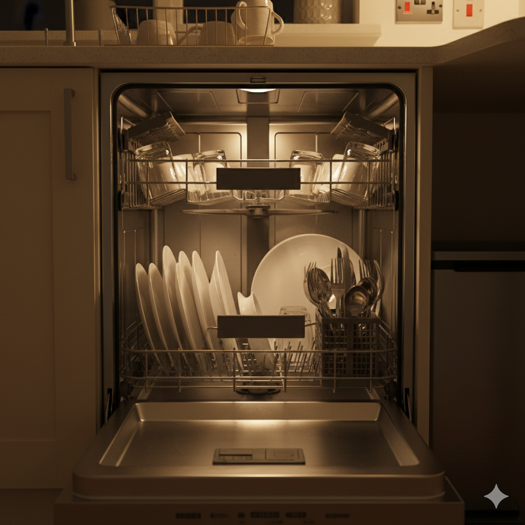 Close-up of a dishwasher control panel showing Eco mode and delay start settings for energy-efficient washing.