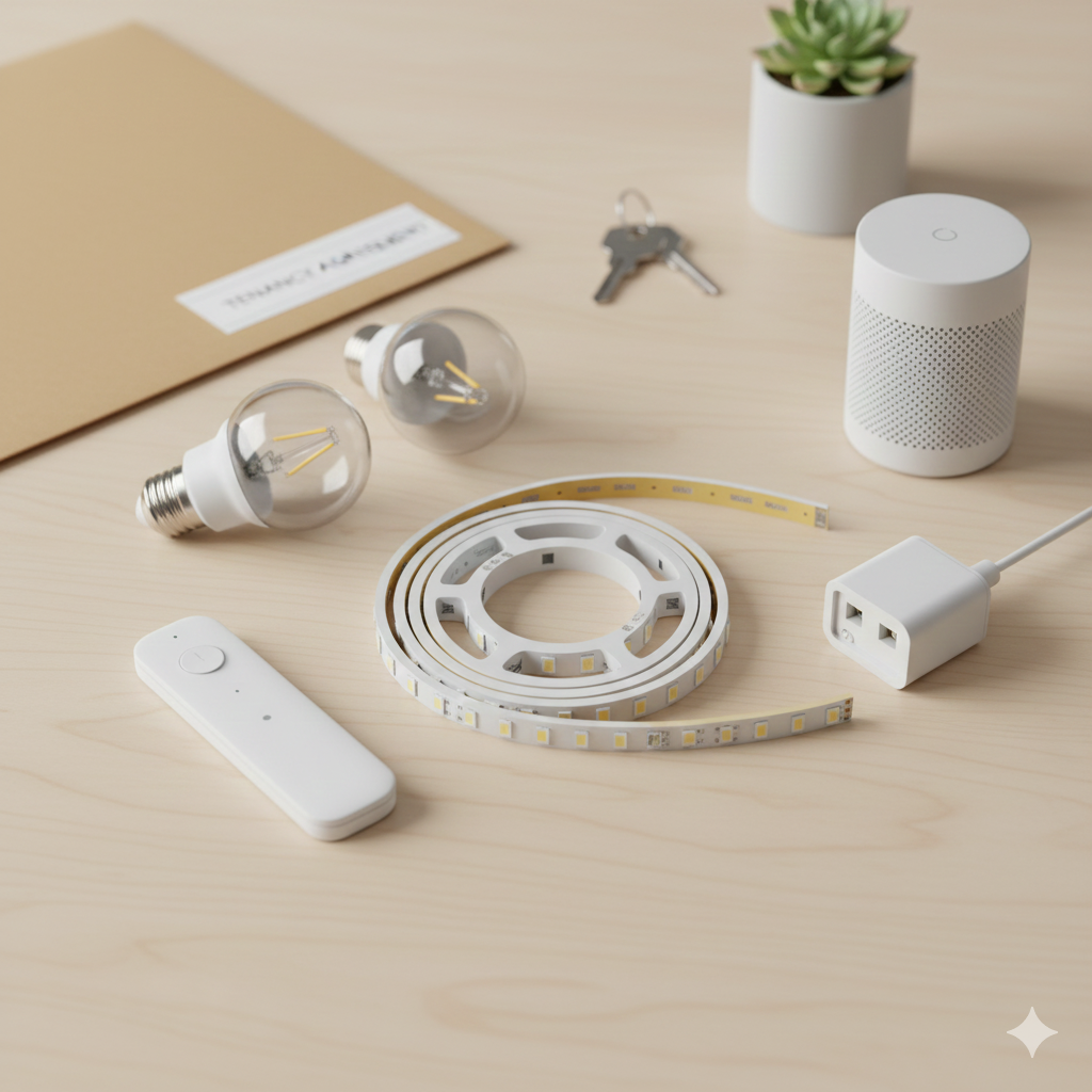 A bright, clean overhead flat-lay photograph showcasing various renter-friendly, no-tools smart lighting components on a light wooden background. The items displayed include one or two smart bulbs (e.g., Hue style), a wireless smart dimmer switch, a rolled-up LED strip light revealing its adhesive backing, and a smart plug. The items are neatly arranged and appear ready to use, emphasizing the ease of installation for tenants.