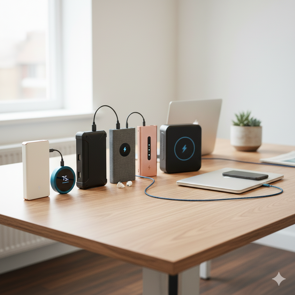 Several of the best power banks are arranged on the desk a large black rugged model, a gray textured power bank, a rose gold slim model, a black square wireless charger, and a white one, with one round blue power bank showing an LED display of '75%'.