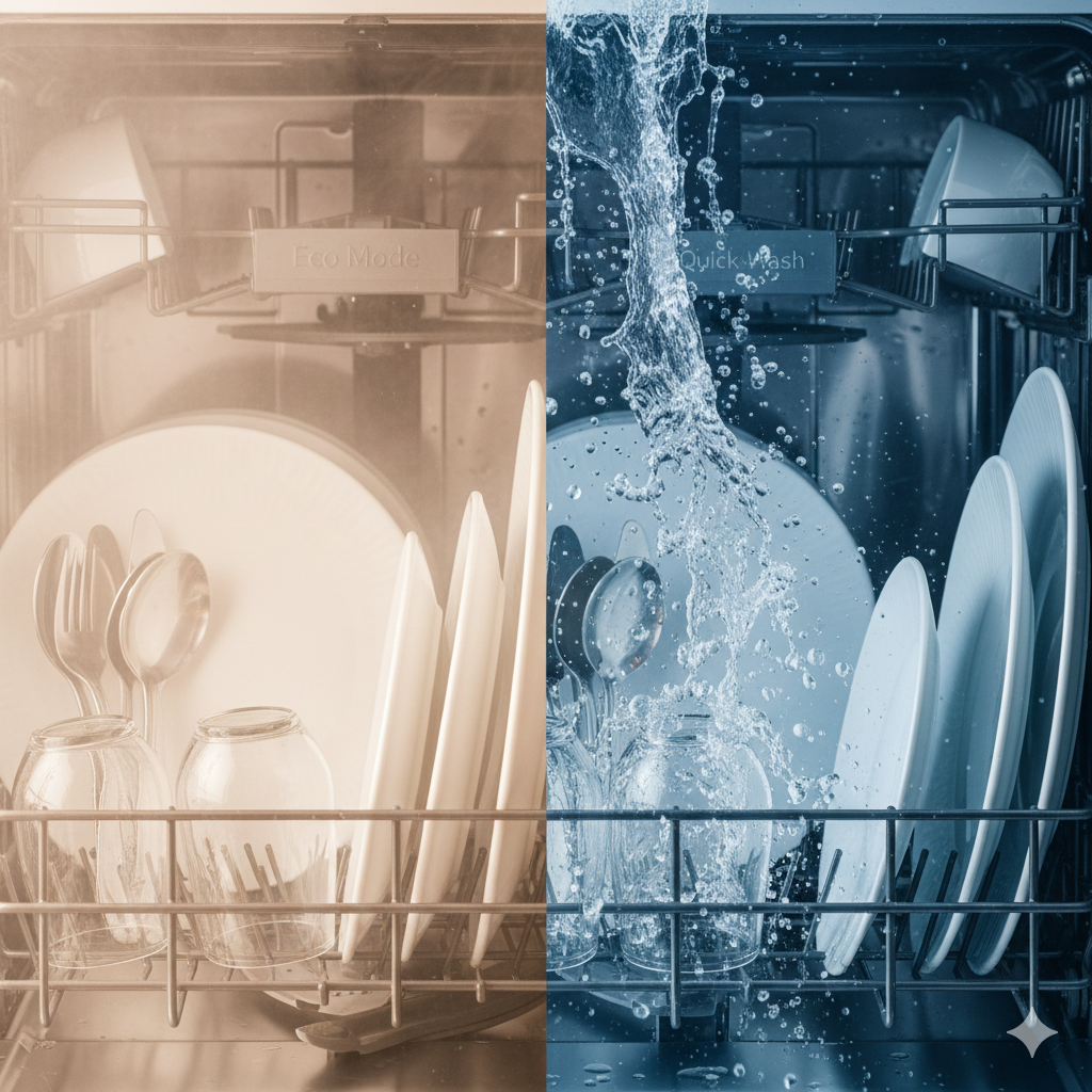 A split-style composition inside a dishwasher (but without on-screen text).
Left side shows a slow-soaking, gentle spray effect — lightly misty water jets over plates, representing Eco Mode.
Right side shows a strong, high-pressure spray, representing Quick Wash.

Plates, cutlery, and glasses are neatly arranged but no identifiable brands or logos.
The washing action differences visually communicate “gentle & efficient” versus “fast & intense”.
