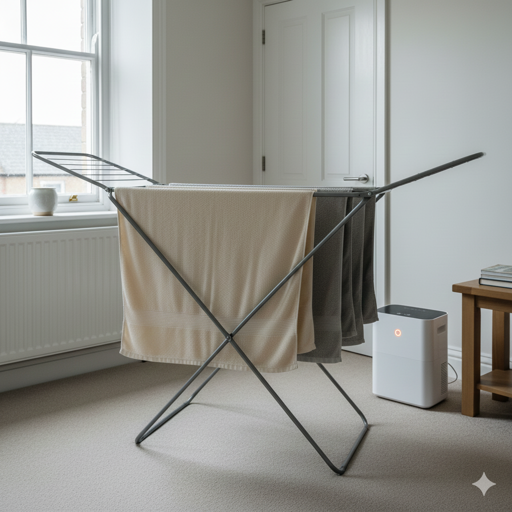 A different UK room setup showing a dedicated indoor drying “zone” at night, with a clothes airer and a compact dehumidifier placed nearby, door closed, and warm ambient lighting. Towels are spread wide and not touching, air feels clean and controlled. The scene should feel efficient and cosy rather than cold, with soft shadows and modern minimal styling. Emphasis on moisture control and airflow without showing any numbers or displays. No people, no text, 3:2 aspect ratio, Save Wise Living style.

