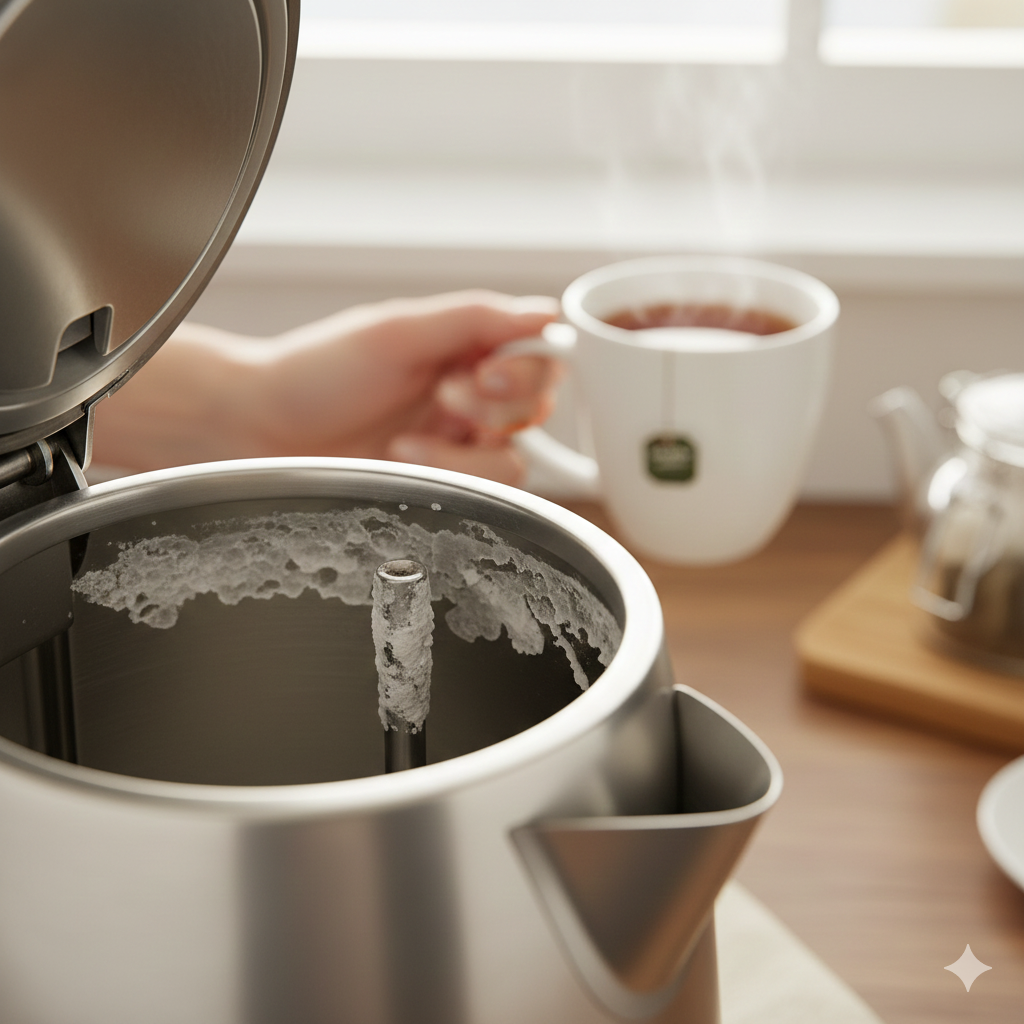 "A close-up, lifestyle shot of a stainless steel electric kettle's spout and interior showing noticeable chalky white limescale deposits, with a steaming mug of tea visible out of focus in the background."