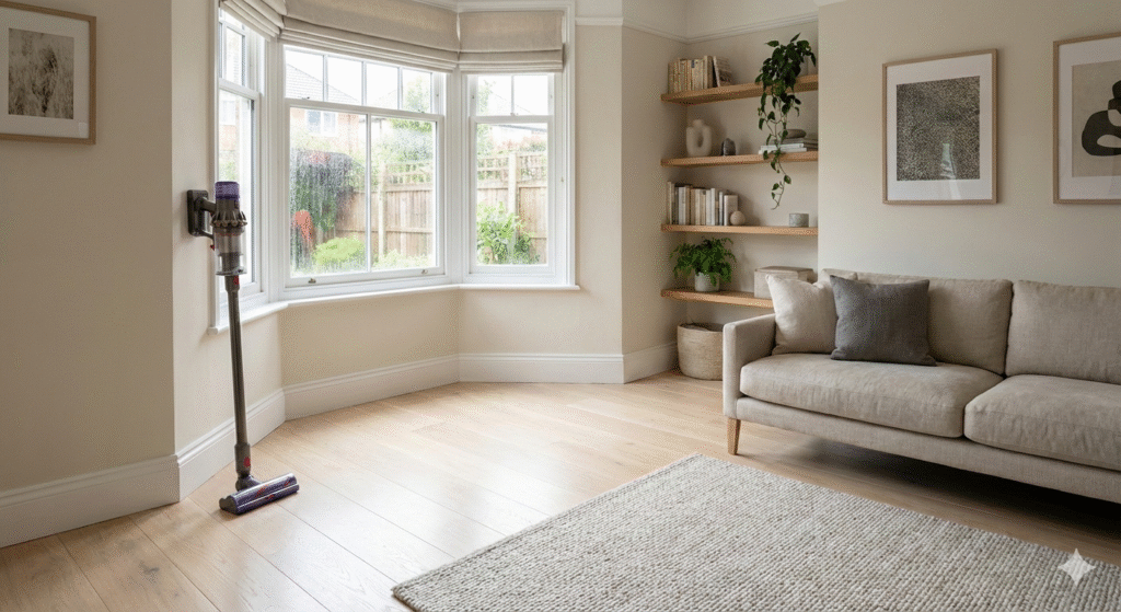A bright, tidy UK living room with freshly cleaned floors, a cordless vacuum resting against the wall, natural daylight, calm and organised home atmosphere, neutral colours, modern but realistic setting, no people, no text.