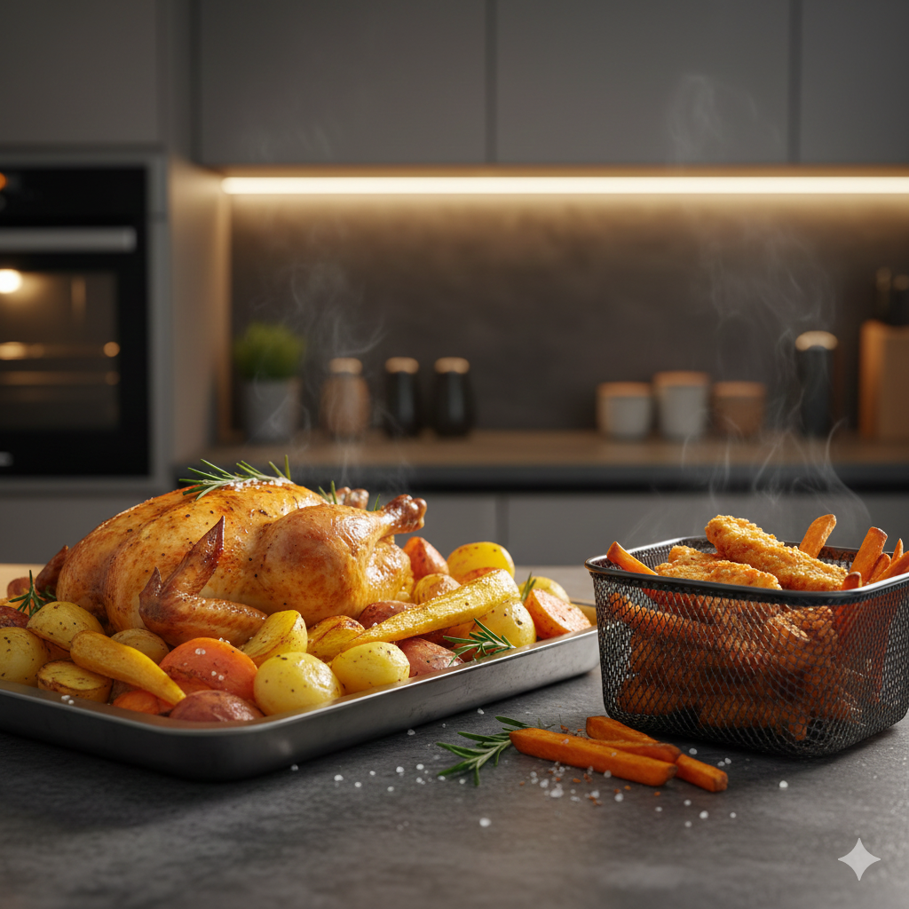 This image focuses on the result rather than the appliances themselves. A large oven tray filled with a complete family meal sits beside an air fryer basket holding a smaller portion of food, both freshly cooked. The side-by-side presentation subtly tells the story: one appliance excels at big, all-in-one meals, the other shines with quick portions. The kitchen background is softly blurred so the eye is drawn to the food, creating a moment that makes readers stop and think about how portion size affects cost and efficiency, without needing any text on the image.

