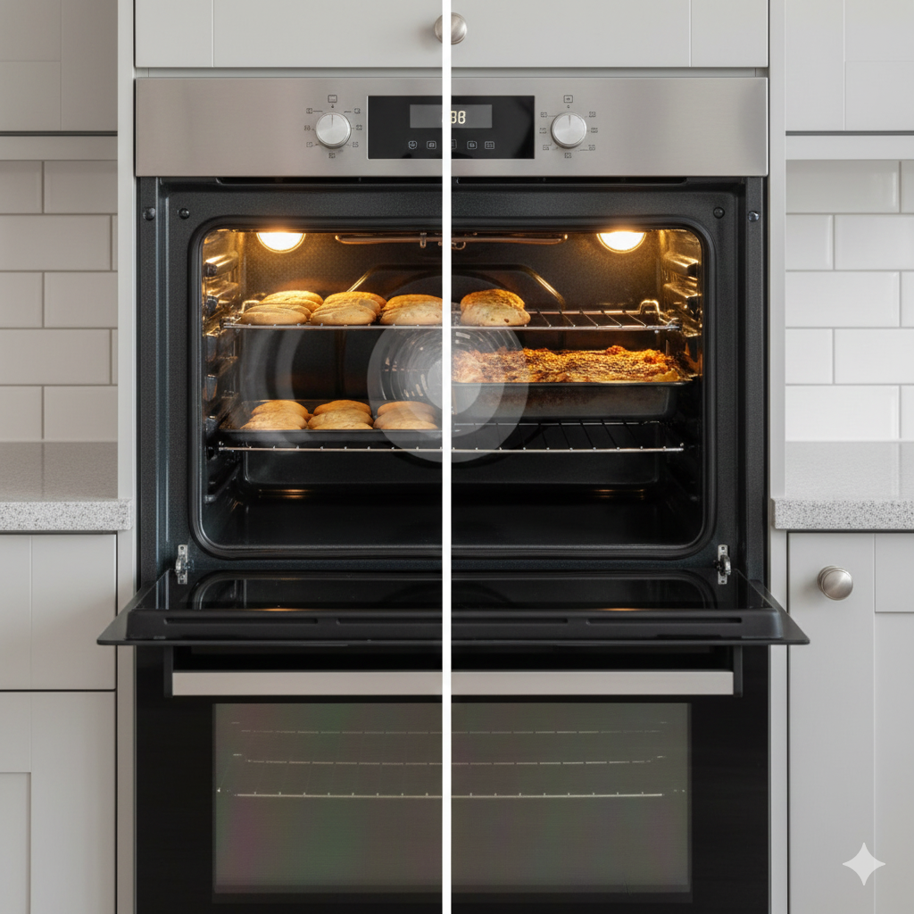 This image shows a modern UK kitchen with a built-in oven front and centre, subtly divided into two visual zones. One side suggests fan oven cooking, with evenly browned food on multiple shelves and a soft sense of air movement inside the oven cavity. The other side represents conventional oven cooking, showing food concentrated on a single shelf with more intense heat near the top. The kitchen is clean, neutral, and realistic — no people, no text — designed to visually reinforce the idea of even heat vs static heat at a glance.