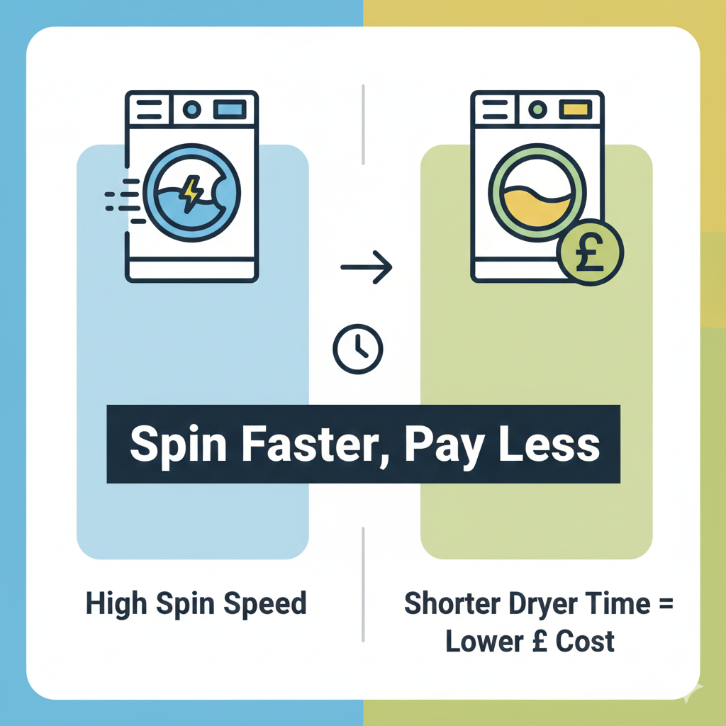 A clean, modern infographic visually demonstrating the financial connection between washing machine spin speed and tumble dryer energy costs. The graphic uses a sequential, clear design:

High Spin: An icon representing a washing machine with a high RPM number or a fast-spinning arrow.

Shorter Time: An arrow points to a tumble dryer icon next to a clock icon showing a shorter time duration.

Lower Cost: This leads to a smaller stack of stylized pound symbols (£), indicating cost savings.

The image uses bright, infographic colors and features a bold text overlay that summarizes the key takeaway: "Spin Faster, Pay Less."