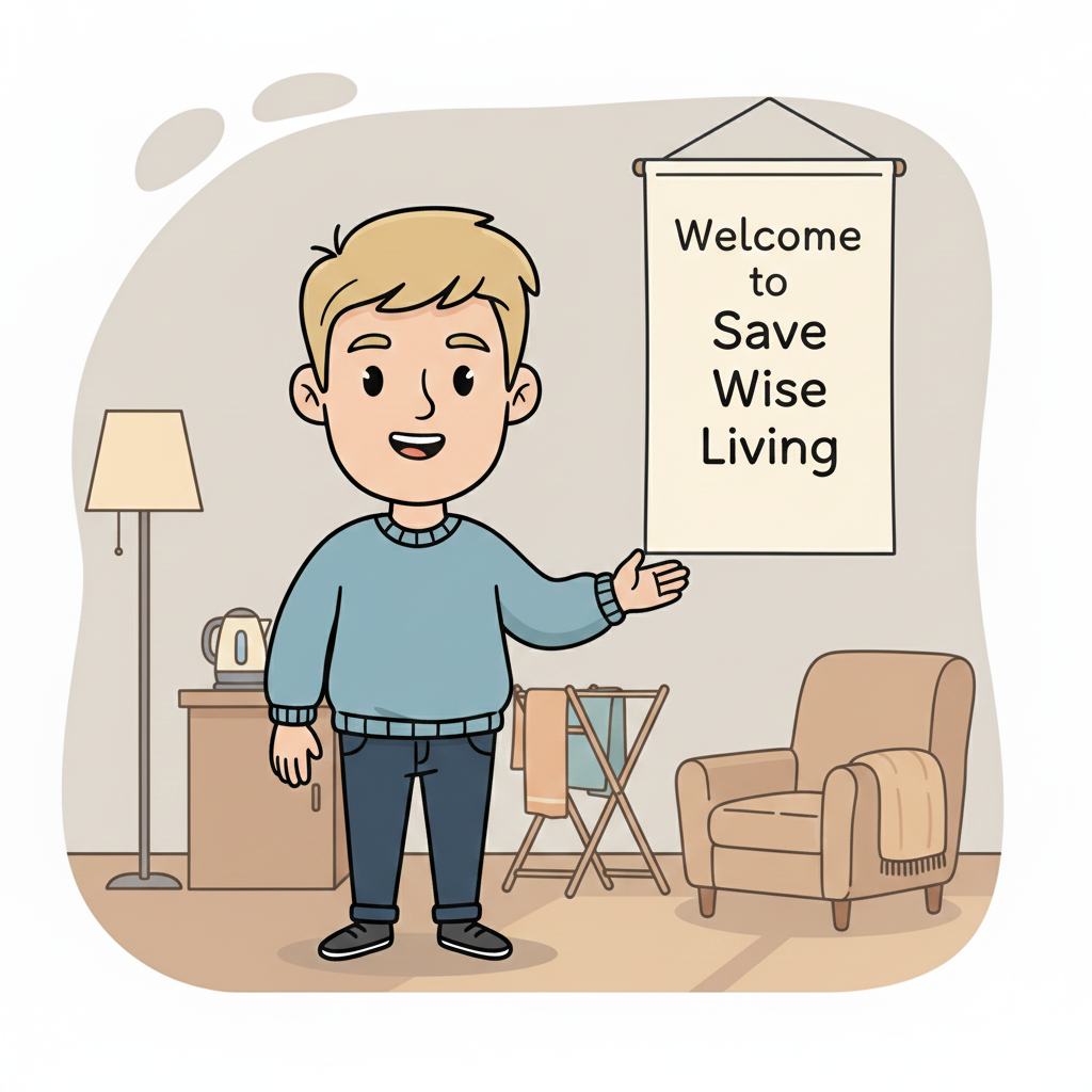 The same friendly cartoon character from the first image (short light-blonde hair, casual clothing, calm expression), now standing in a cosy UK home setting. He is gesturing in a welcoming way toward a sign or banner that says “Welcome to Save Wise Living”. The room feels warm, practical, and lived-in (laundry rack, kettle, soft lighting). Illustration style matches the first image exactly. Clean, modern, friendly, reassuring tone. Flat illustration style, no photorealism, no cluttered background.