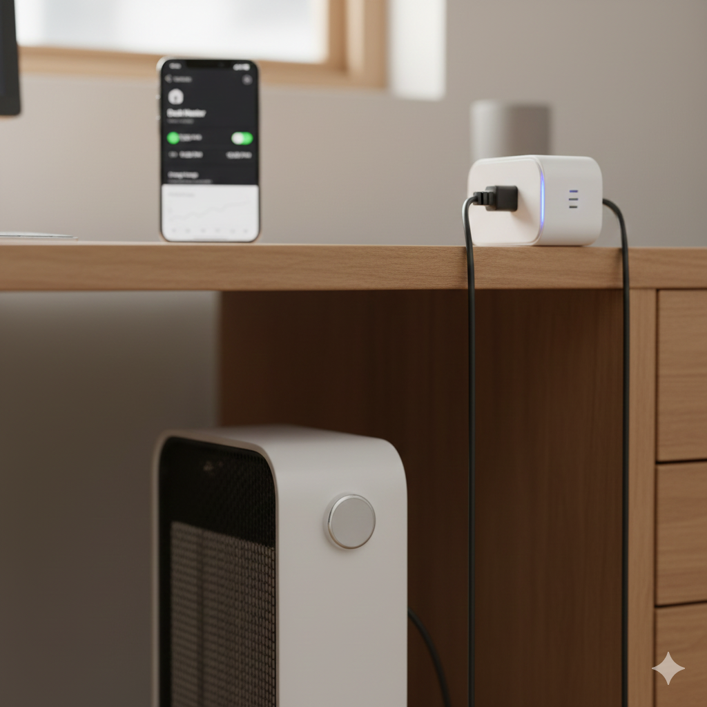 "A close-up view of a white smart plug inserted into a wall outlet, powering a compact electric space heater. In the foreground, a smartphone screen displays a smart home app interface, showing the heater's power status toggled to 'On' with scheduling options visible."