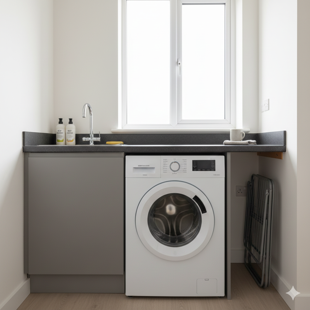 A realistic small UK flat interior showing a washer-dryer combo fitted neatly under a kitchen counter, with limited surrounding space and no room for a separate tumble dryer. Soft daylight enters through a nearby window, and subtle visual cues suggest energy awareness — such as a compact, uncluttered layout and a calm, efficient atmosphere. The scene should feel practical and lived-in rather than showroom-perfect, illustrating how washer-dryer combos are often chosen to balance space, convenience, and energy use in small UK homes. No people, no text, modern UK flat aesthetic.

