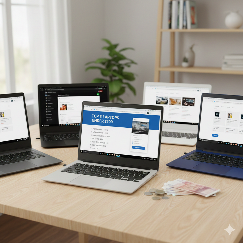 "A selection of five different budget-friendly laptops displayed on a light wooden desk, with one central laptop showing a 'Top 5 Laptops Under £500' list on its screen next to a small stack of British pound notes."