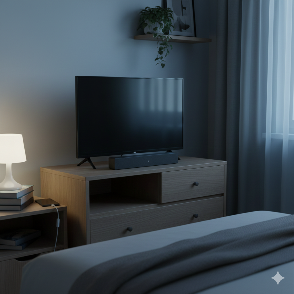 A different setting showing a compact soundbar placed in a small bedroom or flat setup, such as on a dresser or shelf below a smaller TV. The environment feels cosy and practical, with items like a bedside lamp or books nearby to suggest night-time viewing. Cooler lighting than the first image to clearly differentiate the scene, emphasising quiet, efficient use rather than loud cinema sound. No people, no text, no branding, 3:2 aspect ratio, realistic UK home aesthetic.

