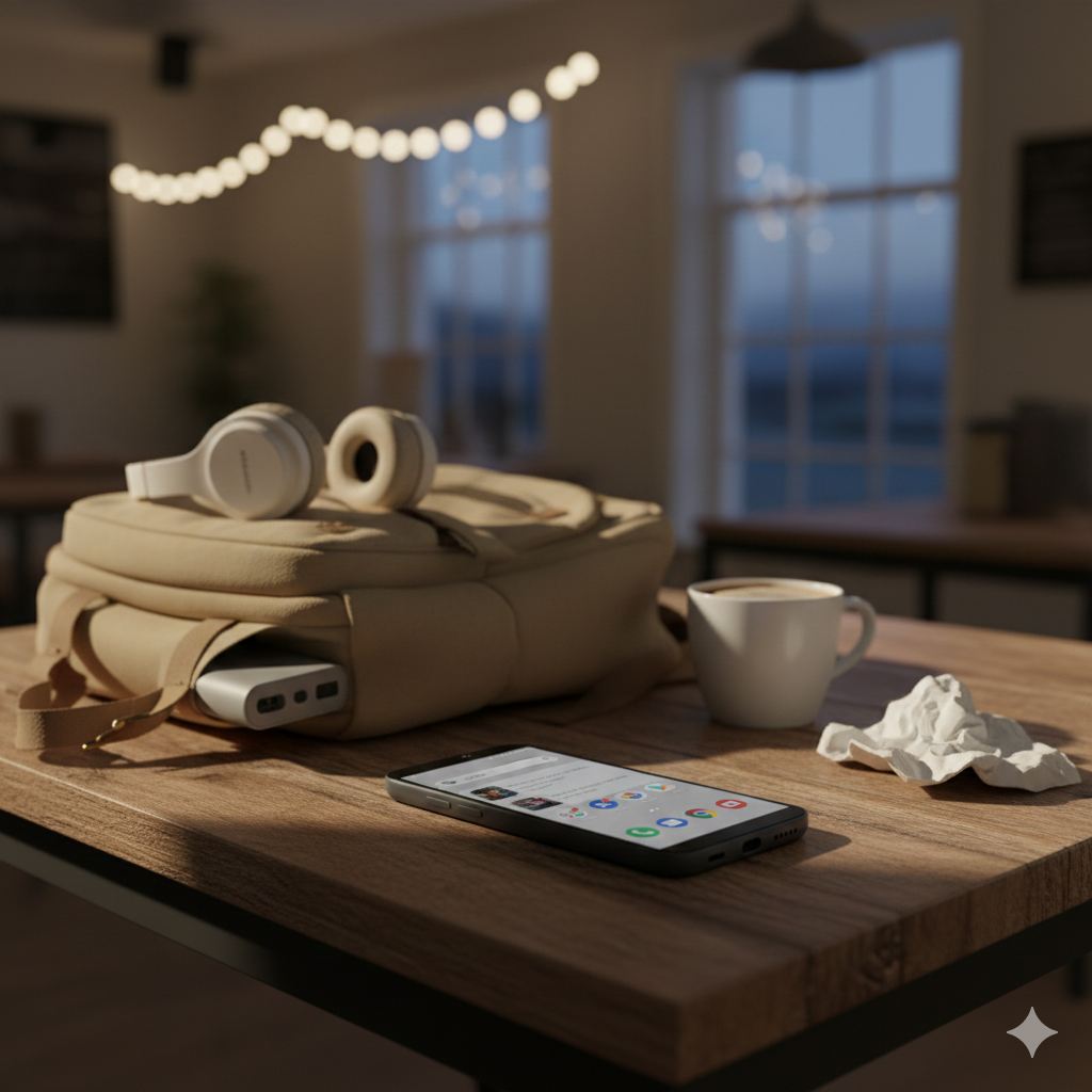 A different setting showing a budget smartphone being used throughout the day in a UK lifestyle context — resting on a café table or next to a backpack and headphones, suggesting long battery endurance away from home. Warm afternoon or early evening light, slightly darker tones than the first image to imply time passing. The phone should still look active and in use, reinforcing all-day battery life. No people visible, no text, no branding, 3:2 aspect ratio, natural lighting, Save Wise Living style.

