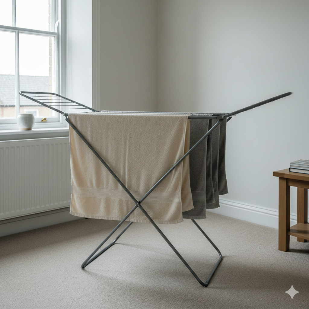 A realistic UK home interior showing a compact living room or spare room in winter, with an indoor clothes airer holding large bath towels hung fully open and evenly spaced. Soft natural daylight coming through a window on an overcast day, neutral colour palette, slightly cool tones to suggest winter. The room feels lived-in but tidy, with subtle signs of indoor drying such as a nearby radiator and window sill. No people, no text, no branding, calm and relatable atmosphere, 3:2 aspect ratio.

