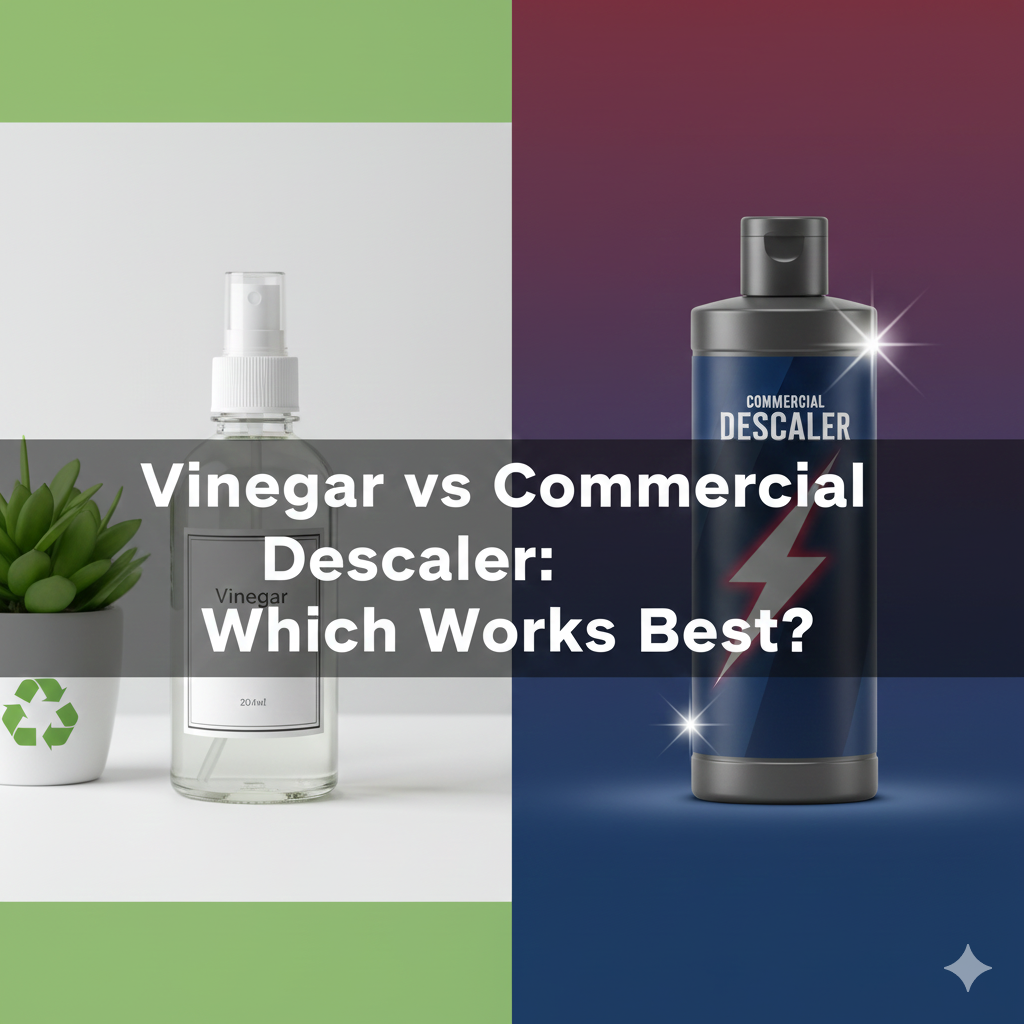 A dynamic, infographic-style featured image with a split-screen design, visually contrasting two different cleaning solutions. Left Side (Eco/Vinegar): Features a simple, white spray bottle clearly labeled "Vinegar" in a clean, fresh green and white color scheme. The background includes eco cues like a hint of a green plant or a recycling symbol, suggesting a natural solution. Right Side (Conventional/Descaler): Features a generic, stylized bottle labeled "Descaler" in a bold, dramatic red and blue color scheme. The bottle has a stylized shine effect and a symbolic lightning bolt graphic, conveying power and intensity. Large overlay text prominently runs across the center: "Vinegar vs Commercial Descaler: Which Works Best?" The overall style is clean, modern, and conceptual.