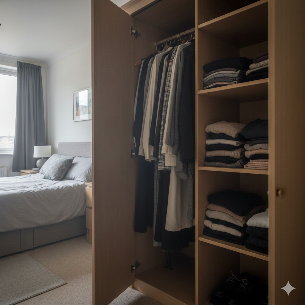 A realistic UK bedroom or flat interior showing an open wardrobe with neatly hung clothes and folded items on shelves. The scene subtly suggests trapped moisture rather than obvious damp — slightly dull fabric textures, soft shadowing inside the wardrobe, and a faint sense of still, stagnant air. The room itself looks normal and tidy, emphasising how wardrobe moisture problems often go unnoticed until smells appear. No people, no text, natural lighting, everyday UK home aesthetic.

