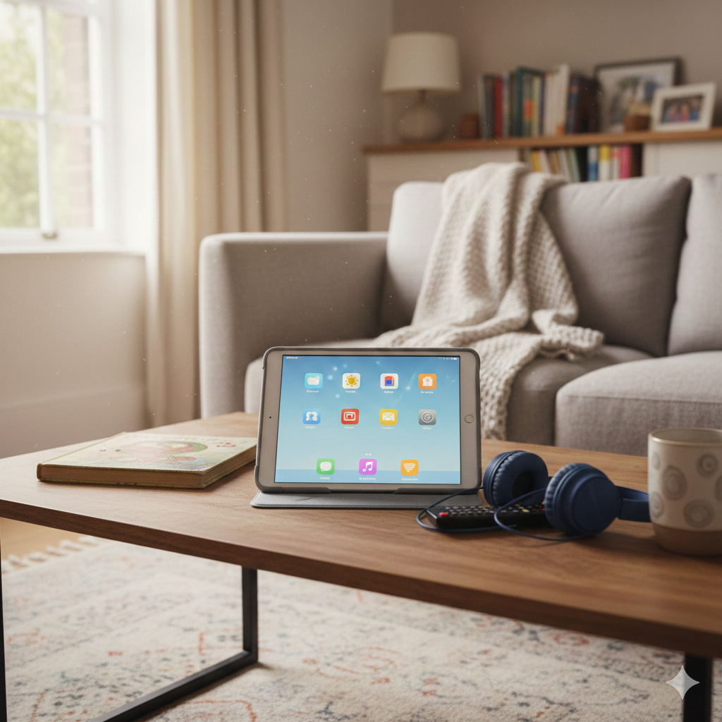 A realistic UK family living room scene showing a tablet placed on a coffee table with a soft protective case, surrounded by everyday family items like children’s books, headphones, and a TV remote. The tablet screen is on, displaying a simple home screen suitable for shared use. Natural daylight coming through a window, warm neutral tones, calm and lived-in atmosphere. No people visible, no text, no branding, 3:2 aspect ratio, Save Wise Living style, natural lighting.

